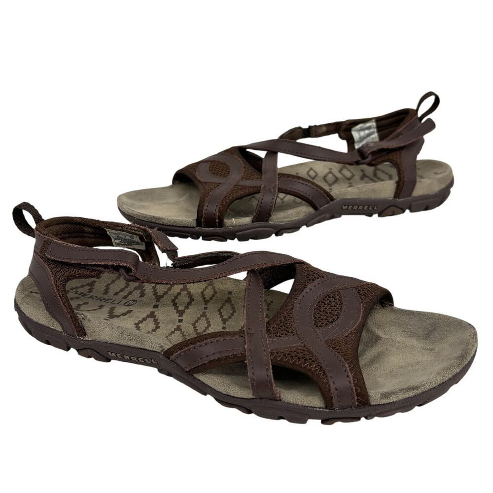 Merrell Sandals Womens Size 10‎ Brown Leather Adjustable Strap Comfort Footbed